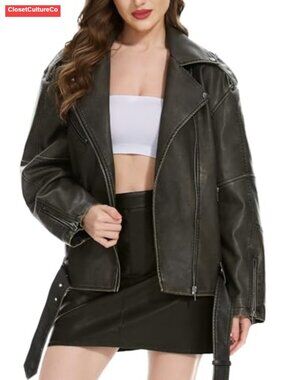 Faux Leather Motorcycle Biker Jacket Zip Up Aviator Coat